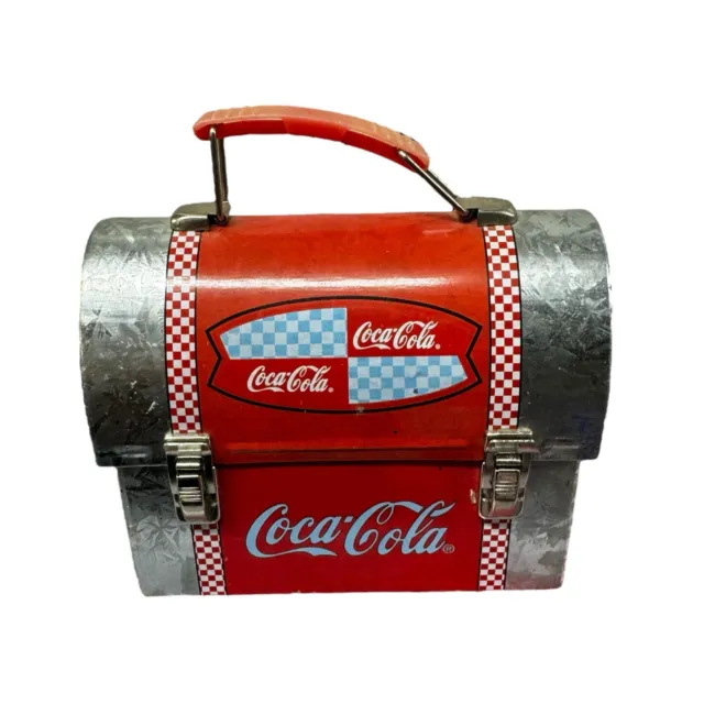 VTG Coca Cola Mini Handled Lunchbox Metal Silver Tin Lunch Pail Box Red Checks