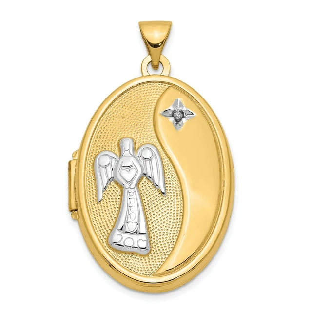 14k Yellow Gold Guardian Angel Diamond 26mm Oval Photo Pendant Charm Locket