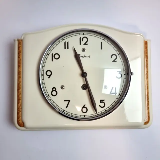 German Junghaus Mid Century Ceramic Vintage Wall Clock White Beige
