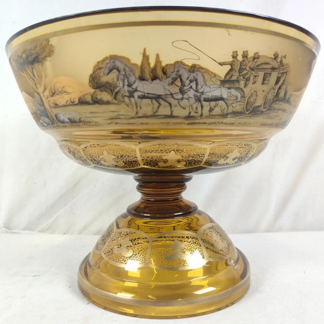 CENTRE DE TABLE Grande COUPE vintage VERRE Peint decor Caleche  Paysage Desert E