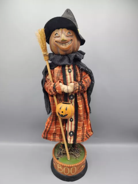 CJF Design Halloween PUMPKIN HEAD Figure Broom Boo Base Spooky Primitive 17.5"H