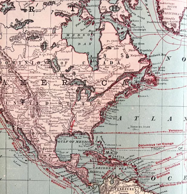 Map Voyages Of Explorers 1899 Victorian Lithograph American History DWZ2