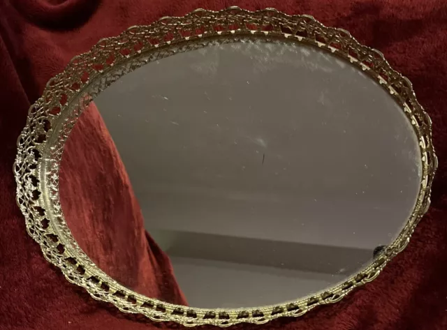 Vintage 16x12” Oval Mirror Vanity Tray  Gold Filigree Ornate Perfume Dresser