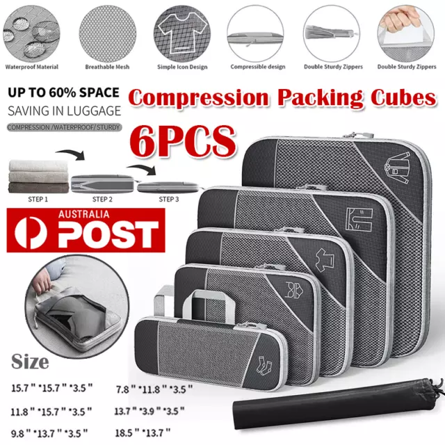 6Pcs Compression Packing Cubes Expandable Storage Travel Luggage Bags Organizer