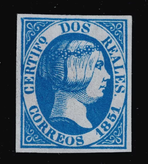 Edifil 8 ec nuevo * 2 reales azul 1851 Isabel II sello de España Spain Lujo