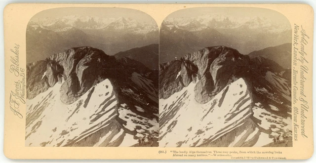 Stereo, France, Les Alpes, snowy peaks, 1897 Vintage stereo card - Jarvis. U