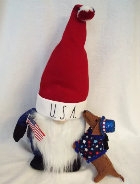 Dachshund  Red BrowFelt Sculpture Summer Plush Patriotic Gnome w/ American Flag