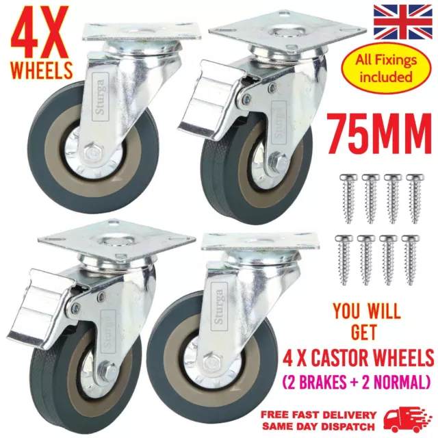 4 x Heavy Duty 75mm Castor Wheels Rubber Full 360° Swivel Trolley Caster Wheel