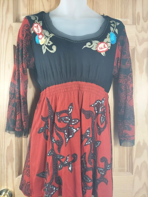 Krista Lee BoHo Embroidered Floral Tunic Sequin Women's Sz Large Cinch Waist