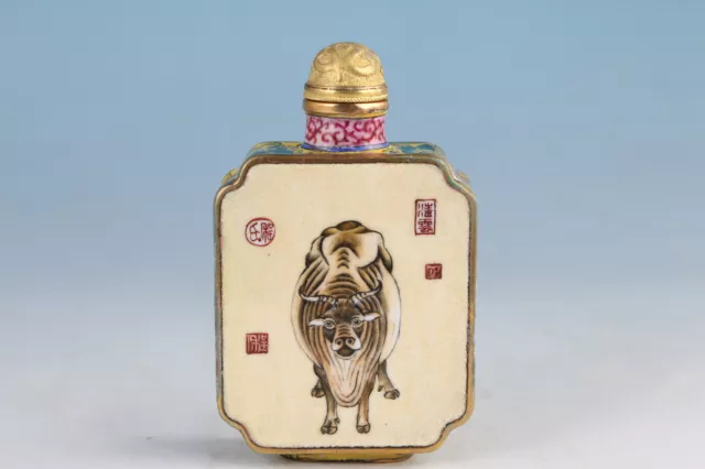 Chinese Rare Cloisonne Hand Painting Ox Plating Gold Collection Snuff Bottlechin