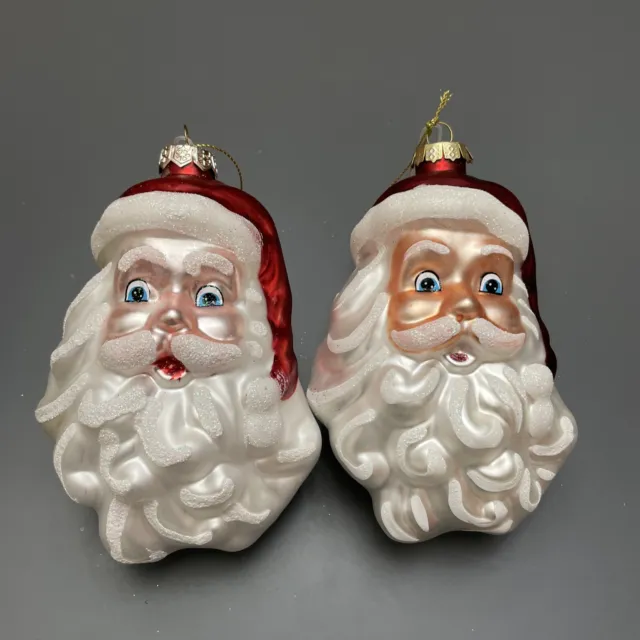 Lot 2 Santa Claus Head Glass Christmas Tree Ornament 5” White/Red Sparkly Retro