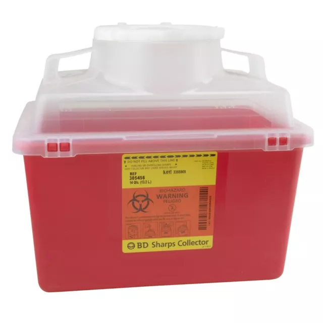 BD Sharps Container, 14qt, Clear Top, Large Open Cap, Red, 305456, 20 Count