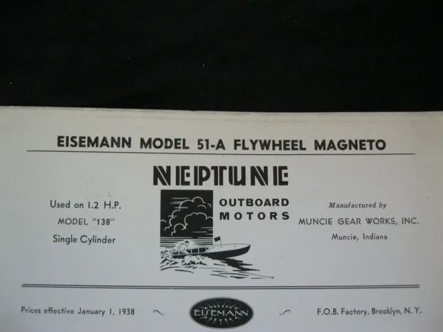 1938 Eisemann 51-A Neptune Outboard Motor Flywheel Magneto Parts List & Diagram