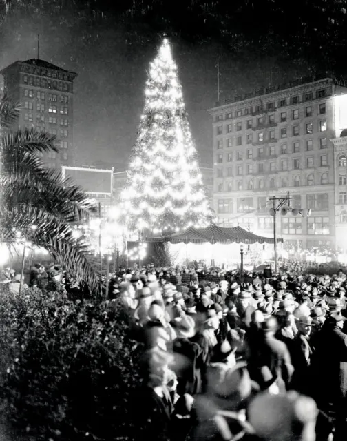c.1929 SAN FRANCISCO UNION SQUARE w/CHRISTMAS TREE ILLUMINATED at NIGHT~NEGATIVE
