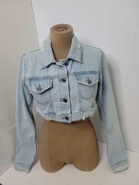 Forever 21 Sz S Crop Top Jean Jacket Distressed Light Wash Denim Top Y2K Button