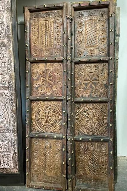 Antique Indian Door, Floral Carved Teak Wood Door, Boho Farmhouse Door, Barndoor