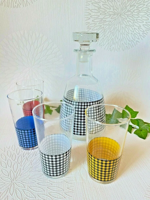 ✨CARAFE + 4 grands VERRES rouge jaune bleu et blanc ~~ décor Vichy années 50-60