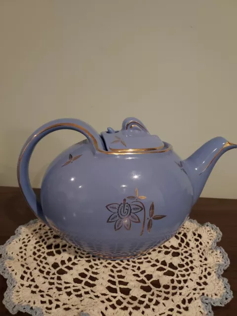 Halls Vintage 6 Cup 0749 Blue Gold Teapot Cadet Blue Hooked Lid Gorgeous 1940'S