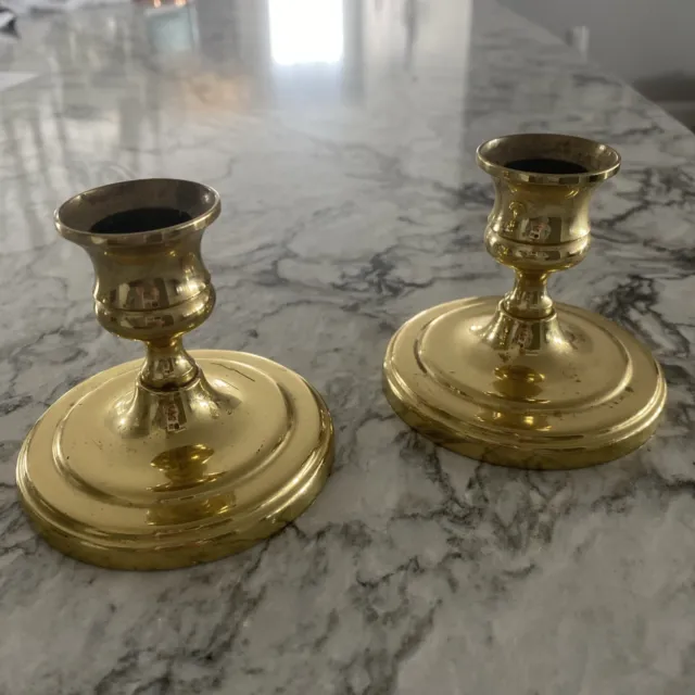 Pair Vintage Heavy Solid Brass Candlesticks Lo Rise  Only 3 inches Tall Set Of 2
