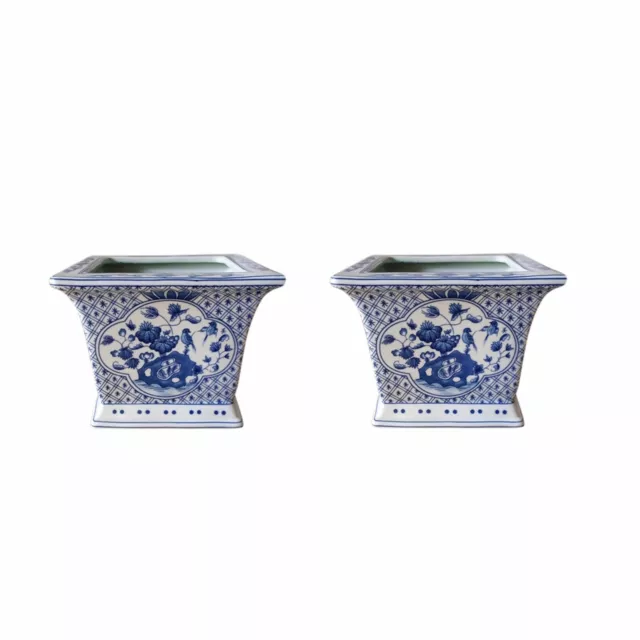 Beautiful Pair Blue and White Floral Bird Motif Square Porcelain Flower Pot 6"