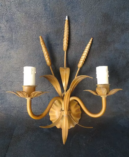 ancienne lampe applique murale 2 feux métal doré design épis de blé style Italie