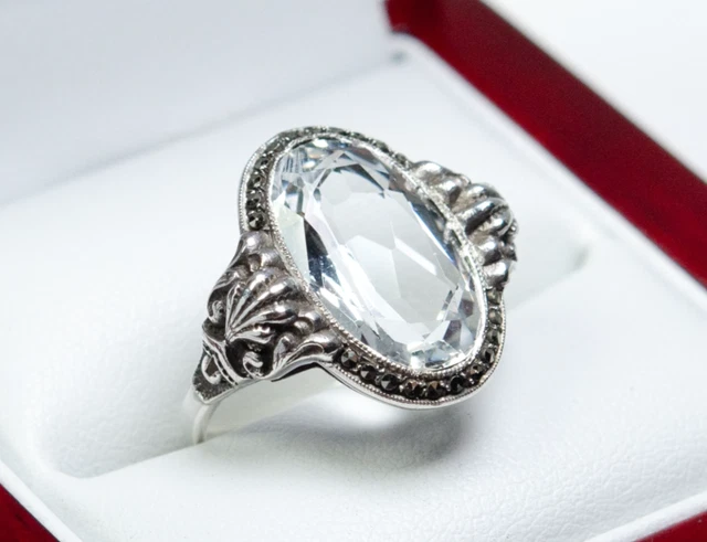 Bague Tank Art Déco En Argent 925 Avec Aigue-marine Ou Topaze, Taille 56 - Occasion