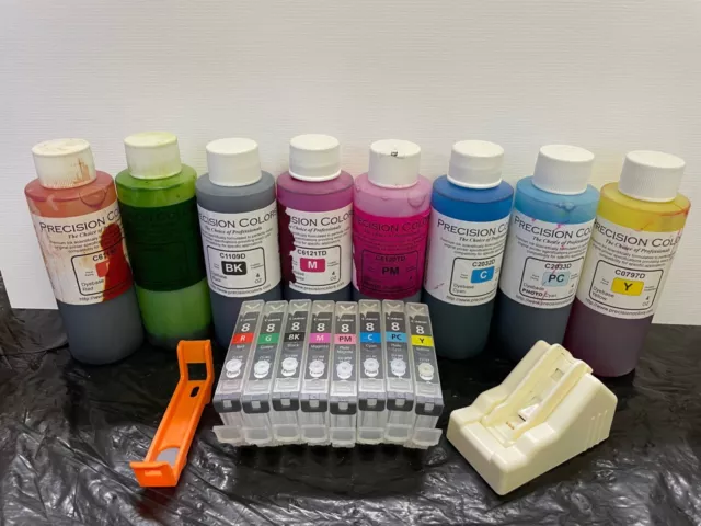 Canon OEM CLI-8 8-tank Empty Flushed Set, Precision Colors Ink and Chip Resetter