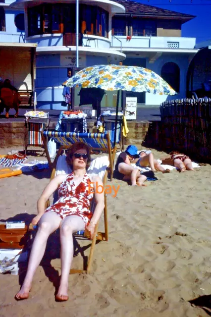35mm Slide - Woman In Swimming Costume In Beach Deckchair, Early 1970s
