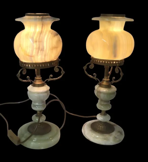 Near Pair Of Italian Vintage Green Onyx And Gilt Ormolu Metal Table Lamps