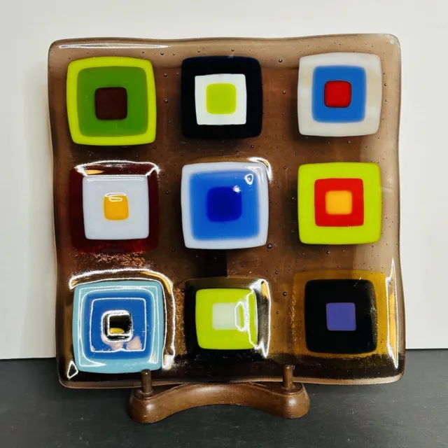 Handmade Fused Glass Tray Plate - 7.75” Colorful Geometric Squares Artist Signed