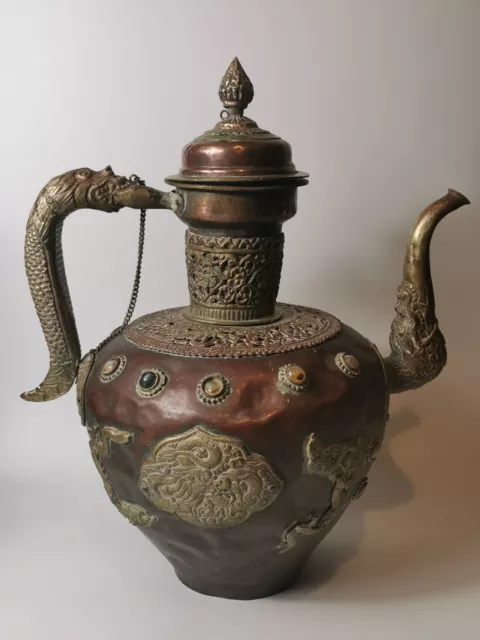 20th century antique LARGE Tibetan bronze tea pot decorated agate