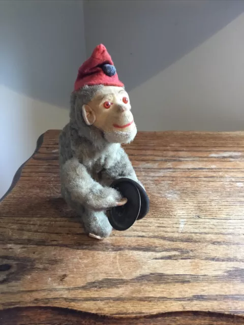 Vintage 1950s West German Wind Up Toy Plush Monkey With Cymbals