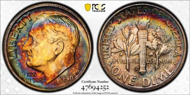 (TP#6) MONSTER RAINBOW TONED 1946-S PCGS MS66+ FB Roosevelt Dime 10c