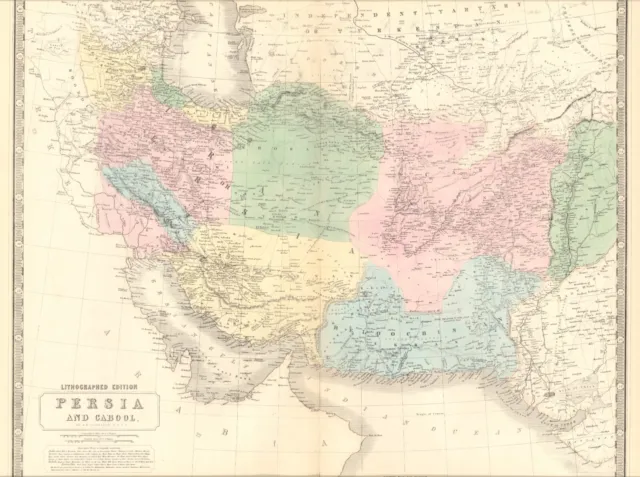 1845 Persia & Cabool map by A.K. Johnston ~ 25.8" x 21.2" Antique Pastel Color