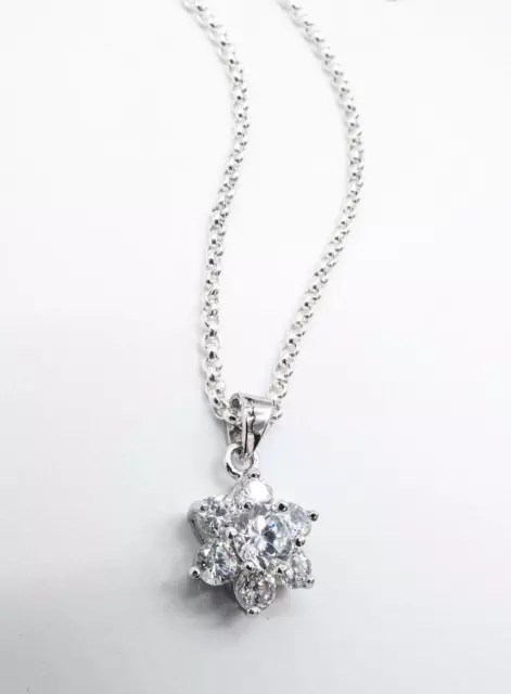 EXQUISITE 925 Sterling Silver Crystals STARBURST SNOWFLAKE Cable Chain Necklace