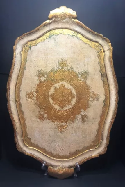 LARGE 22” VTG Mid-Century Italian Florentine Gilt Tray, Ivory Gold Wooden Tole