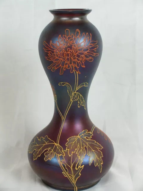 Loetz? Antique Iridescent Enamel Glass Vase Chrysanthemum 11" Art Nouveau