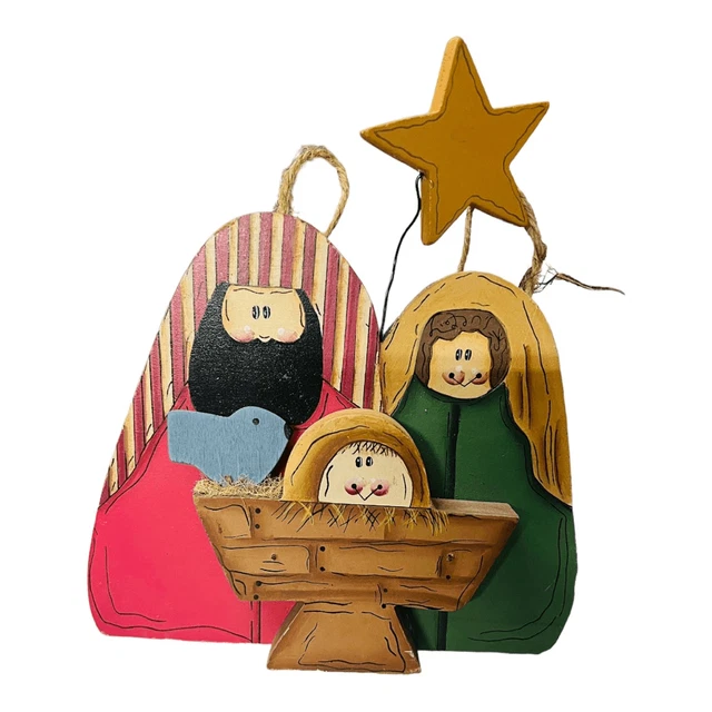 VINTAGE WOOD TOLE Painted Nativity Scene Wall Hanger House Decor