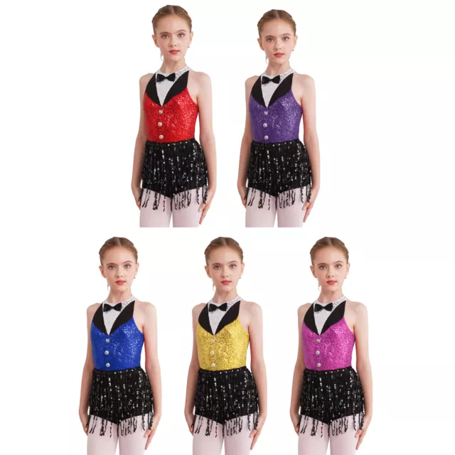 Kids Girls Dancewear Tuxedo Dance Dress Back Keyhole Leotard Sleeveless Romper