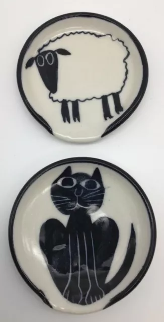 KD- Karen Donleavy Set of 2 Spoon/Tea Bag Rest/Trinket Dish Cat & Sheep Signed 