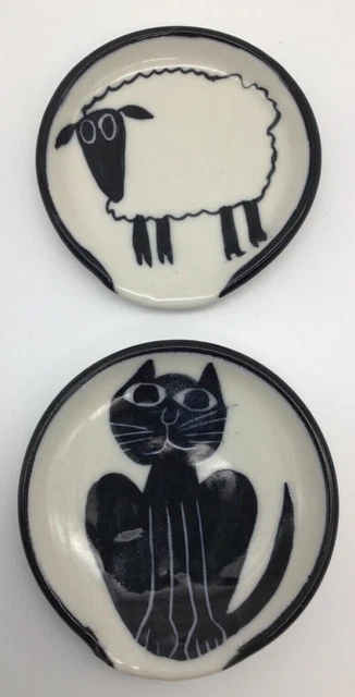 KD- Karen Donleavy Set of 2 Spoon/Tea Bag Rest/Trinket Dish Cat & Sheep Signed 