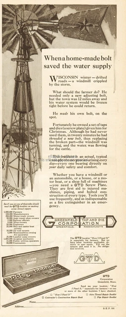 1921 GTD Greenfield Tap & Die Corp MA Windmill Art Wisconsin Winter Storm Ad