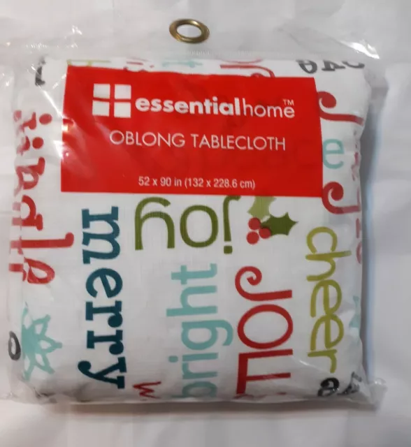 Essential Home Christmas Tablecloth Oblong  52 x 90” White Colorful Wording