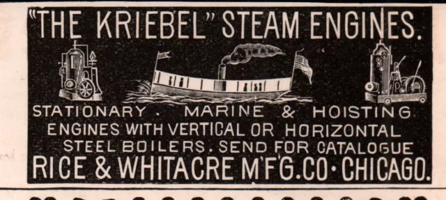 Late 1890 'S Ad  Kriebel Steam Engines Marine Hoisting Rice Whitacre