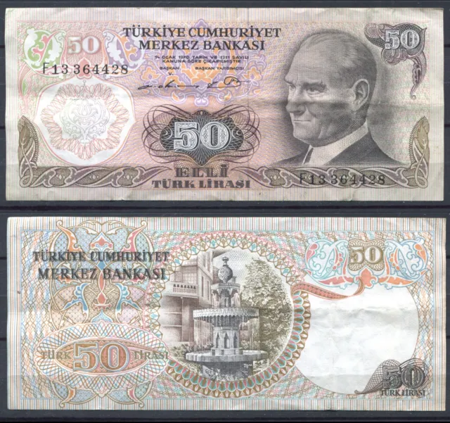 Turkey 1970(1976) • P# 188 F13 • 50 lira • VF (N-783) Atatürk