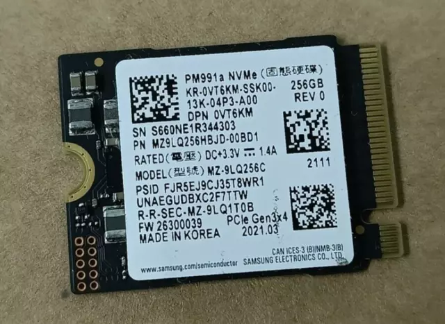 Samsung PM991a 256GB NVMe PCIe M2 SSD Gen3x4 MZ-9LQ256C