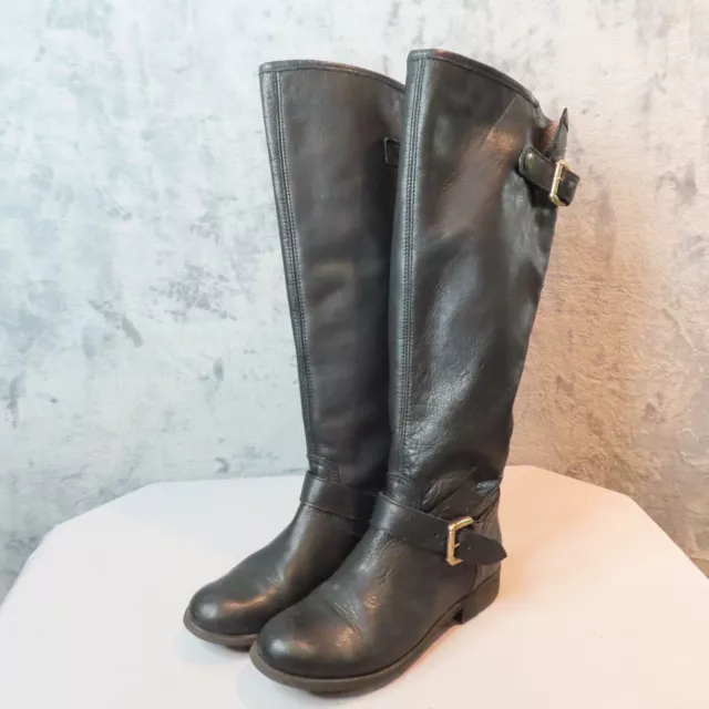 STEVE MADDEN Boots Womens 8.5 Black Leather Lynet Biker Harness Knee High 1"