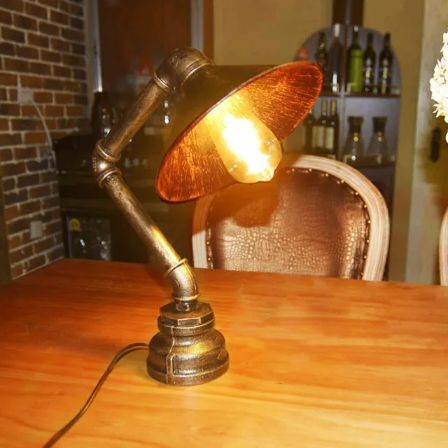 Vintage Industrial Steampunk Brushed Copper Water Pipe Bedside Desk Lamp Lights