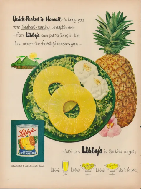 1953 Libbys Pineapple Juice Vintage Print Ad Hawaiian Salad Sliced Chunks USA