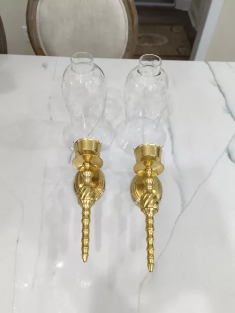 Vintage Pair of Heavy Brass Wall Sconces with Cut Glass Shades Etched Hurricane